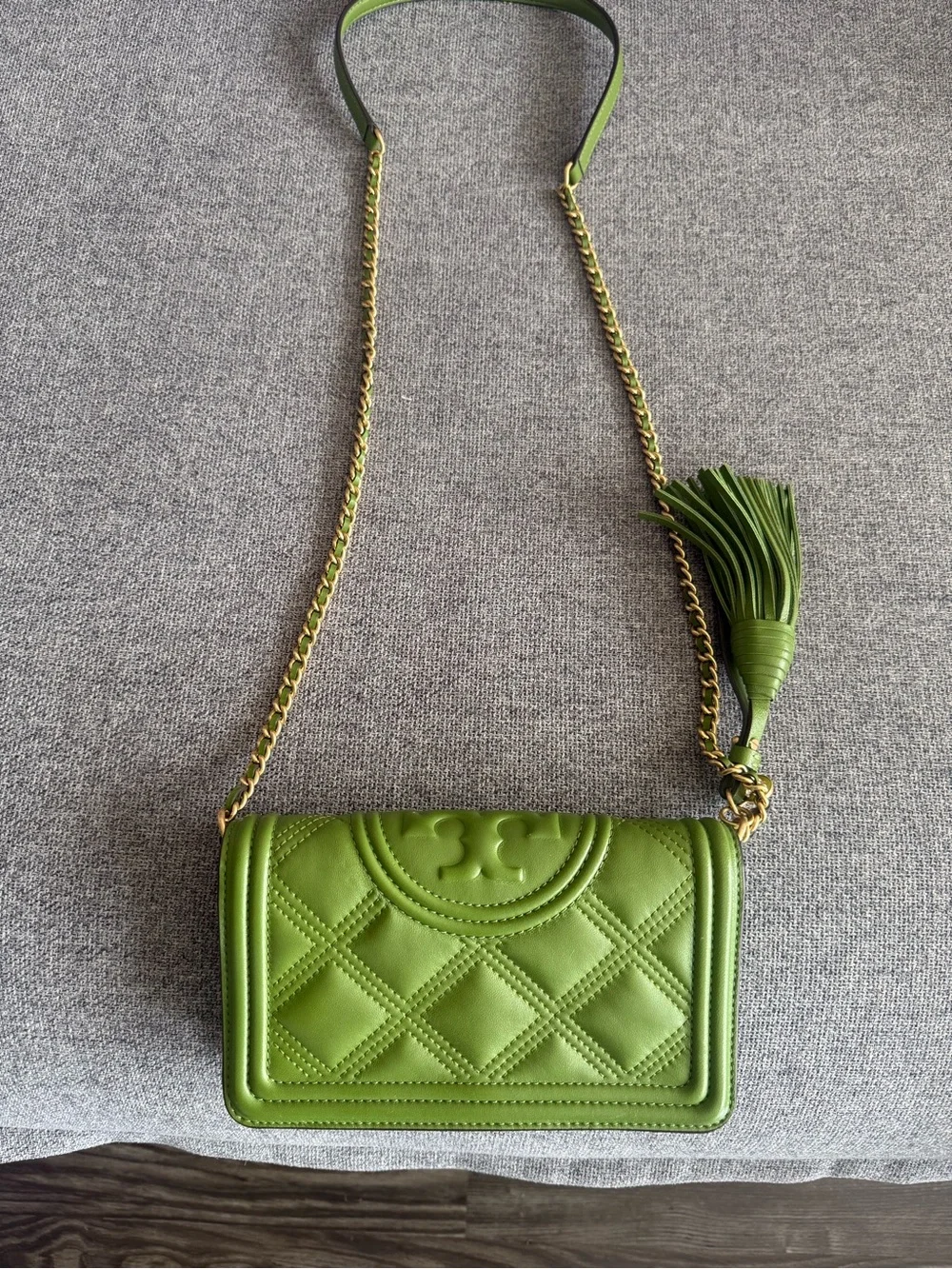Tory Burch Olive Green Quilted Chain Crossbody with Tassel